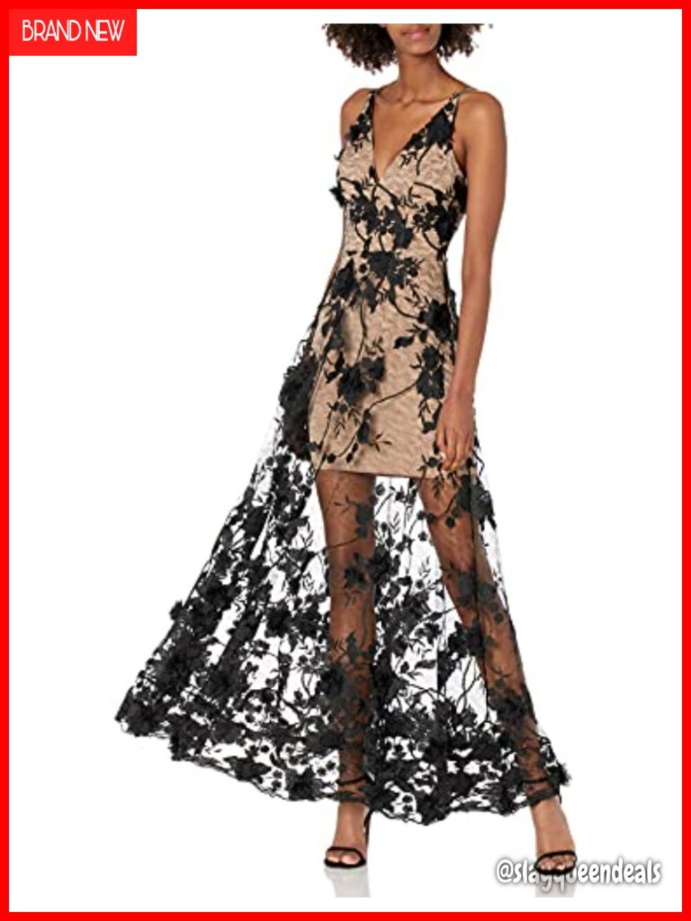 Sleeveless Plunge Neckline Fit and Flare Maxi Dress Floral Embroidered Tulle